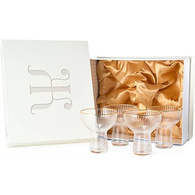 The Wine Savant / Khen Glassware - Wholesale Cocktail/Liquor Glass - Ribbed Stemless Margarita & Cocktail Gilded Glasses - 4 set