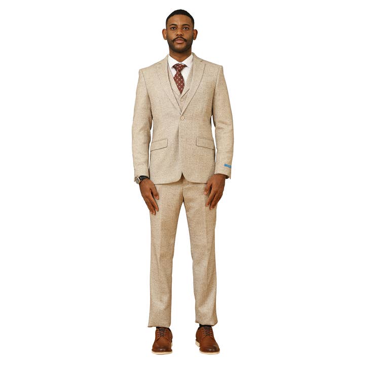 Sean Alexander 3pc Tweed Suit, Notch Lapel on Vest, Beige for wholesale by Suits America