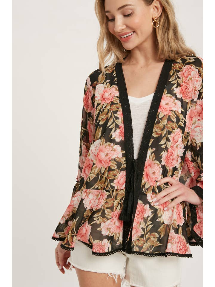 Bluivy - Wholesale Kimono - Women's - FLORAL RUFFLED BELL SLEEVES KIMONO