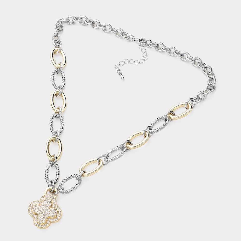 Sensibling Corp. - Wholesale Pendant/Charm Necklace - CZ Stone Paved Quatrefoil Pendant Two Tone Textured Metal Necklace3