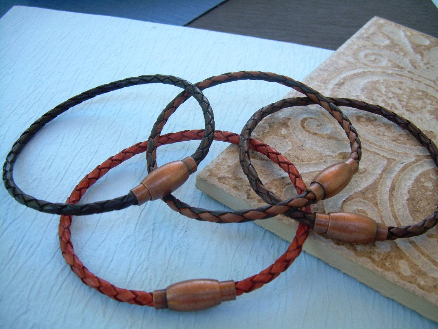 Urban Survival Gear USA - Wholesale Jewelry - Men's - Thin Braided Leather Bracelet with Copper toned Brass Magnetic Clasp Mens Jewelry Mens Bracelets Leather Bracelet Boyfriends Gift Mens0