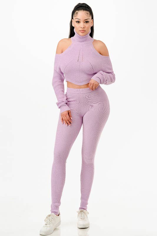 5besties inc - Wholesale Top & Pant Set (NOT Loungewear) - Women's - Turtle Neck Knit Crop Top and Leggings Set0