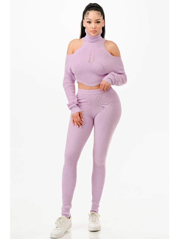 5besties inc - Wholesale Top & Pant Set (NOT Loungewear) - Women's - Turtle Neck Knit Crop Top and Leggings Set