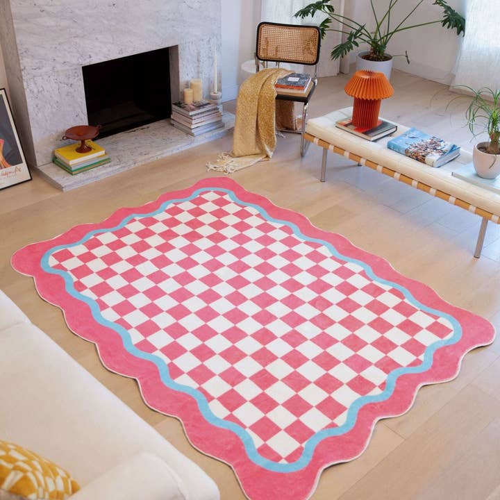 Pink and Blue Lace Checkered Rug for wholesale on Faire