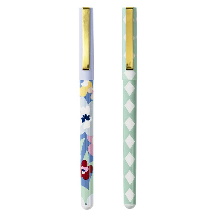 Rollerball Pens - Two-Pack Set - Check & Floral - Black Ink for wholesale by Busy B