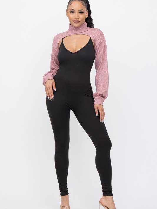 Set tuta e top corto in maglia a nido d'ape con scollo a tartaruga per la vendita all'ingrosso da parte di Belita Collection