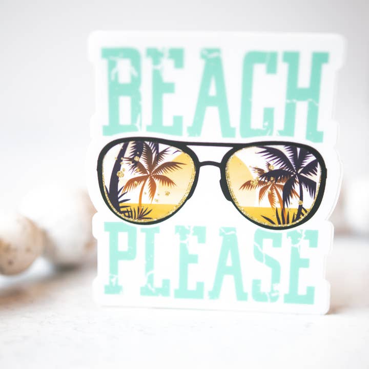 Savannah and James Co - Wholesale Sticker - Beach Please, Sunglasses, Clear, Vinyl Sticker, 3x3 in.1