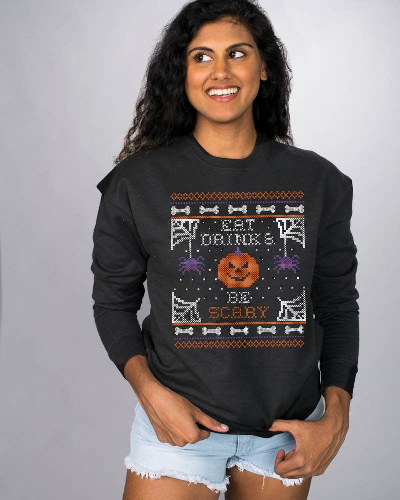 Black Eat Drink and Be Scary Sweatshirt for wholesale on Faire2