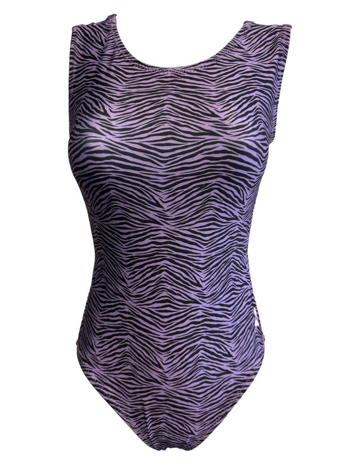 Foxy's Leotards - Venta al por mayor Leotardos - Niños - Maillot de gimnasia cebra púrpura con palmeras - Vice Versa Foxy's Leotards2