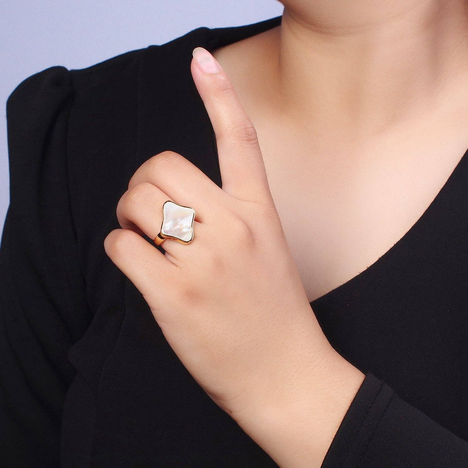Aim Eternal - Wholesale Cocktail/Statement Ring - GoldFilled Pearl Shell Abstract Rhombus Quatrefoil Open Ring1