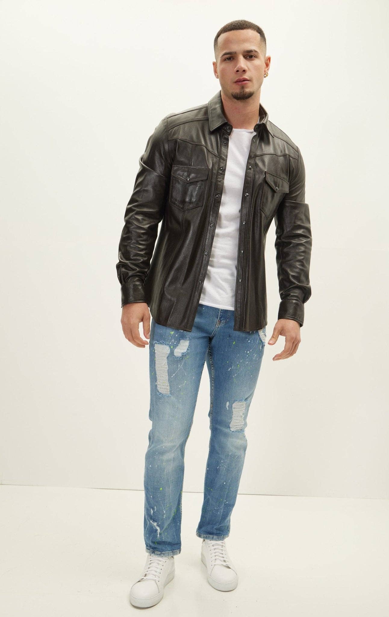 Men's Genuine Lambskin Leather Shirt - Dark Brown for wholesale on Faire6