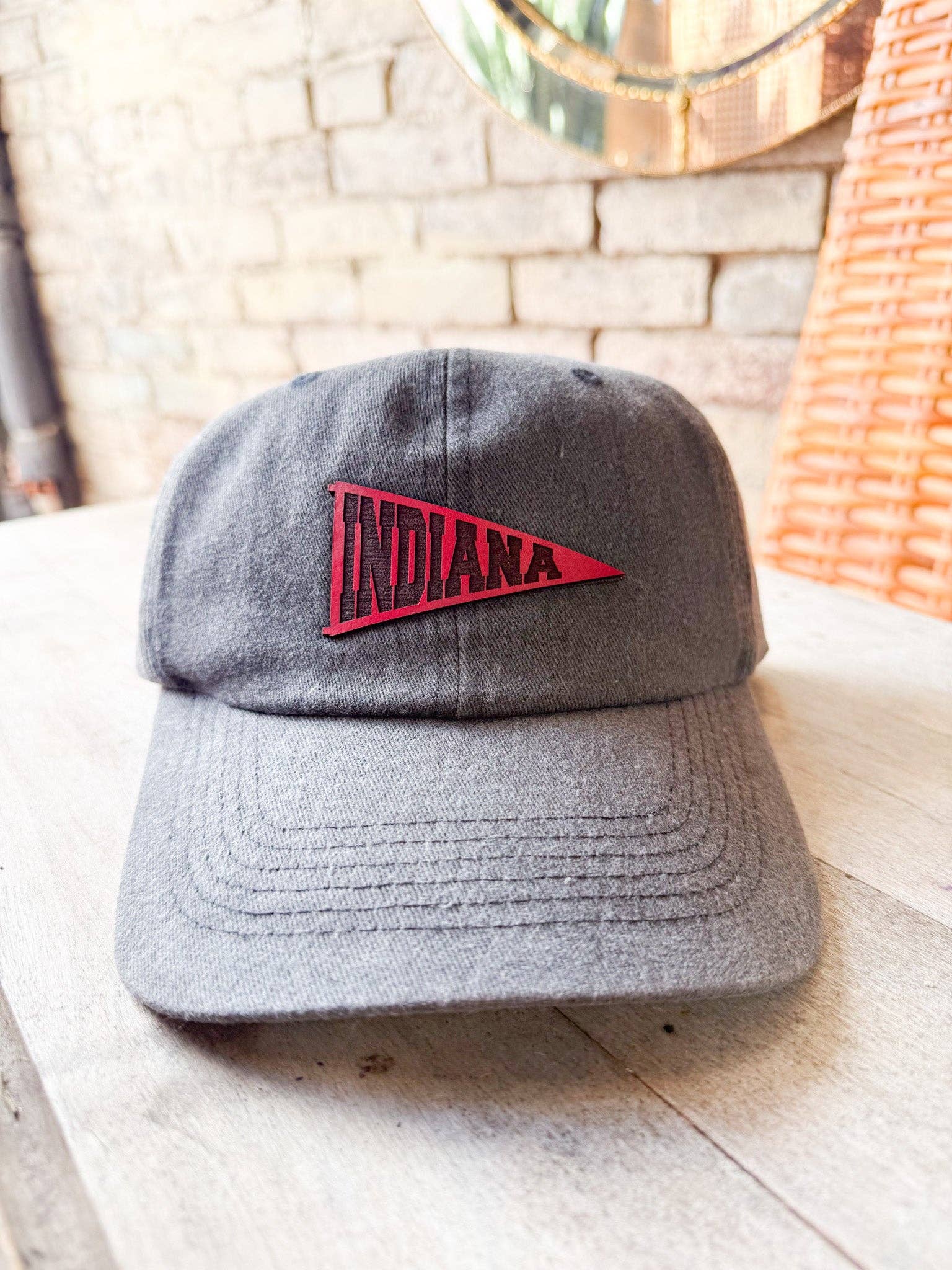 Left Grain - Wholesale Baseball Cap - Women's - Indiana Pennant Leather Patch Hat on Charcoal Dad Hat2
