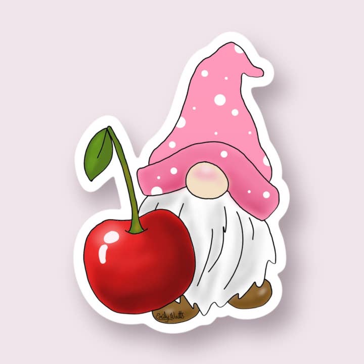Cherry Gnome Vinyl Sticker for wholesale by Emily's Art Cart