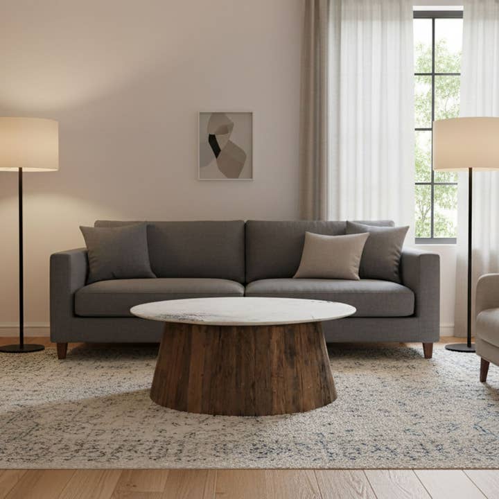 Oval Wood Coffee Table with Marble Top H 18" & Dia 28" for wholesale on Faire3