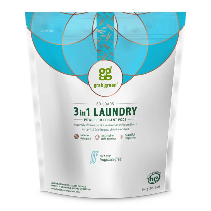 Grab Green - Wholesale Laundry Detergent Powder/Pods - 3 in 1 Laundry Detergent Pods, Fragrance Free, 60 Loads