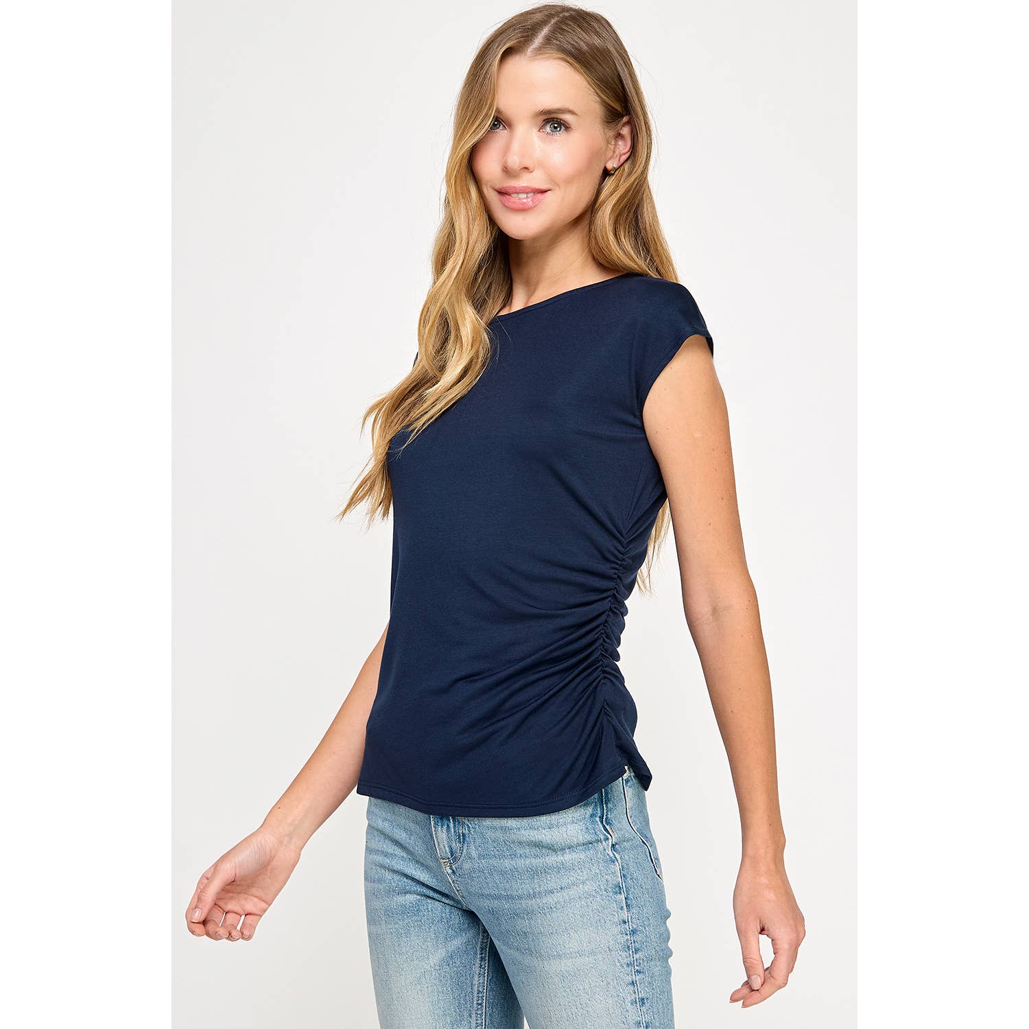 Heimious - Wholesale T-Shirt - Women's - One Side Ruched Cap Sleeve Top, T84311