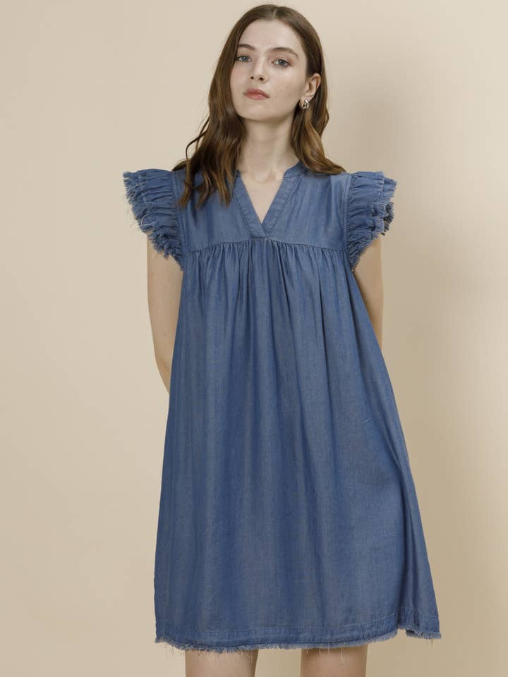 Frayed Sleeve Tencel Denim Mini Dress for wholesale by A & SHE