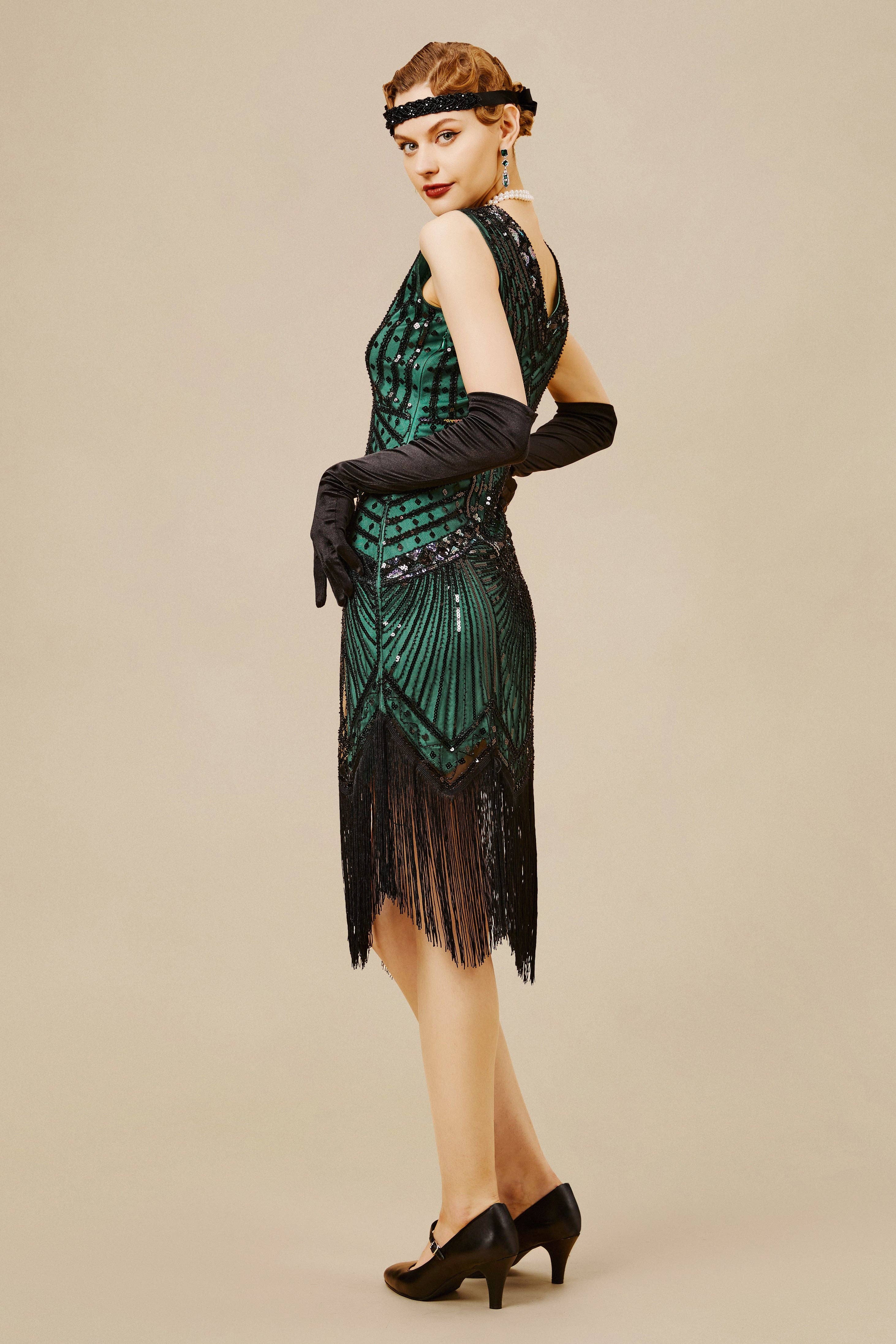 Vert Foncé Robe à franges sans manches à col en V pour cocktail en vente sur Faire1