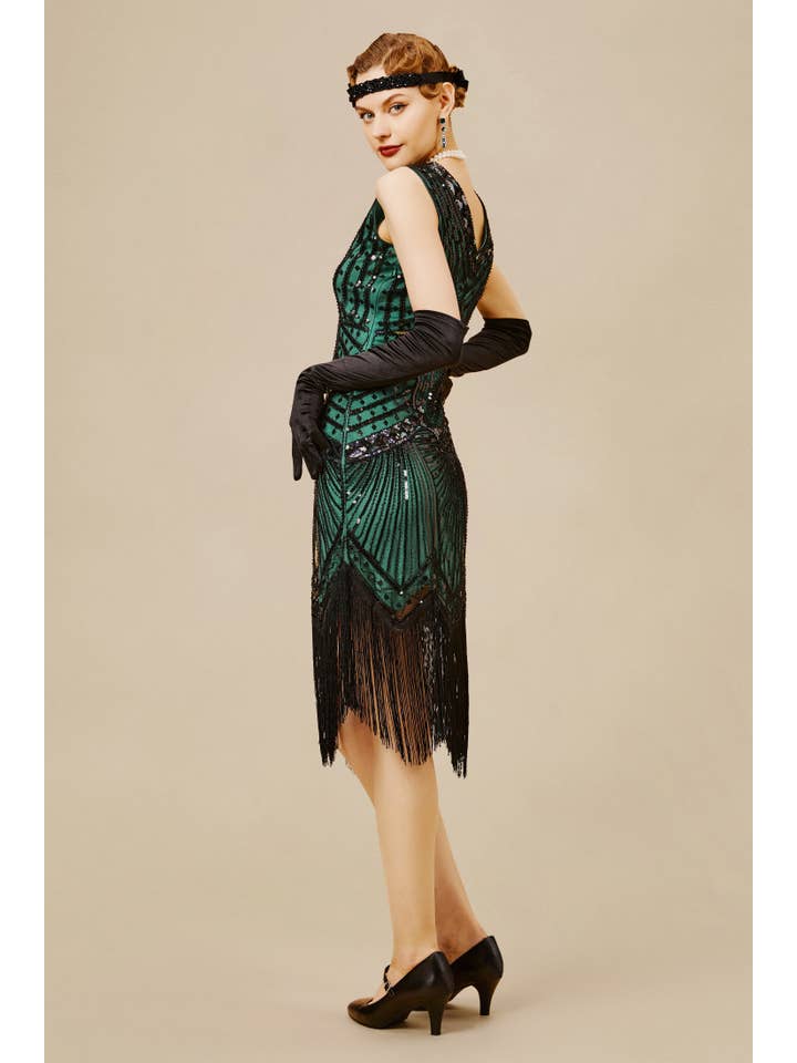 Dark Green Sleeveless V-Neck Cocktail Fringe Dress for wholesale on Faire1