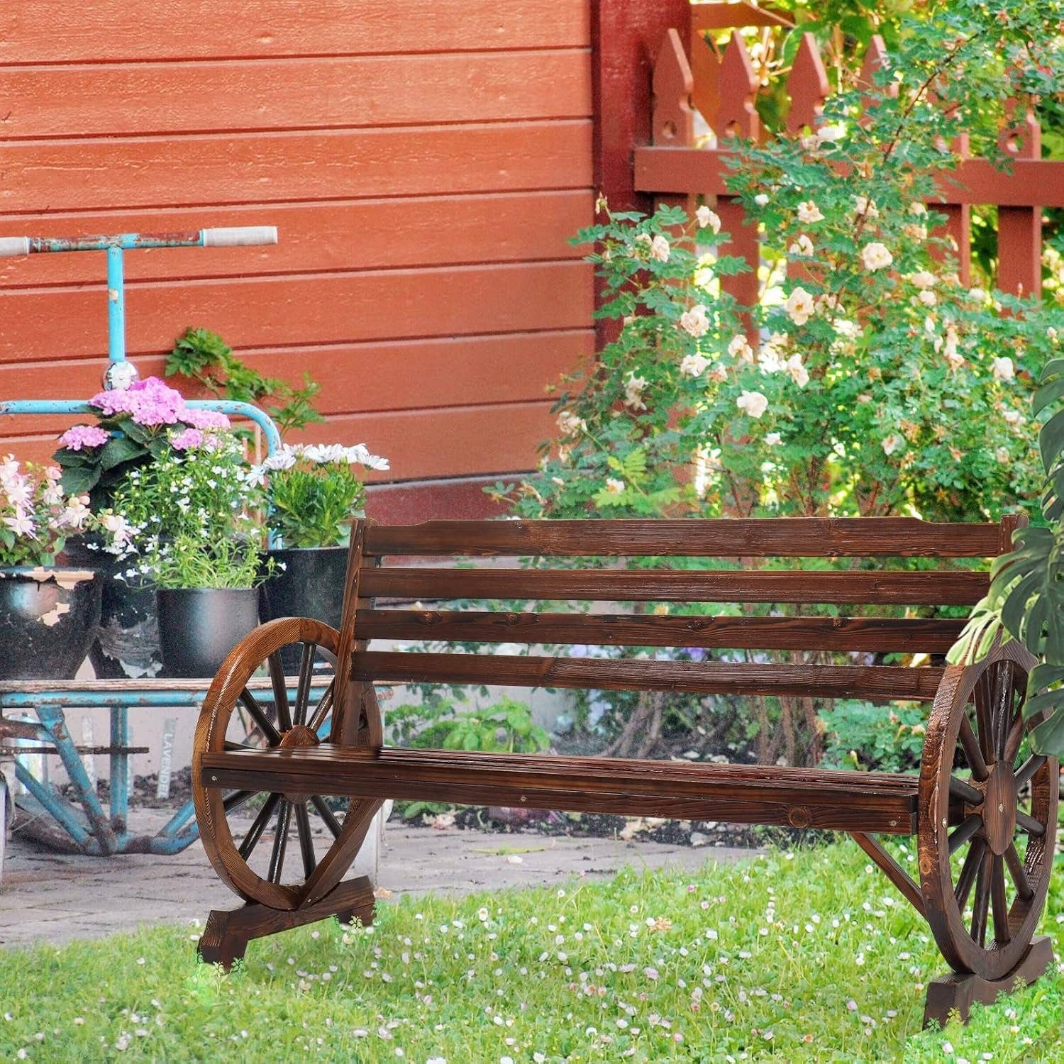 Rustic Wooden Garden Bench with Wagon Wheel Arms for wholesale on Faire1