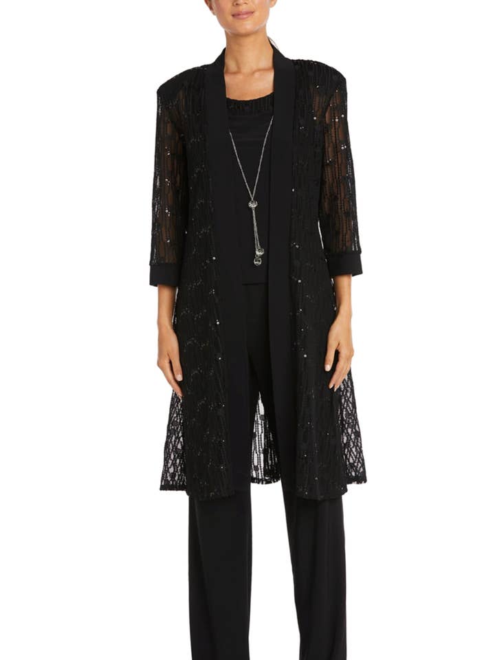 BLACK RM Richards Sequin Lace Duster 3-Piece Pants Suit for wholesale on Faire0
