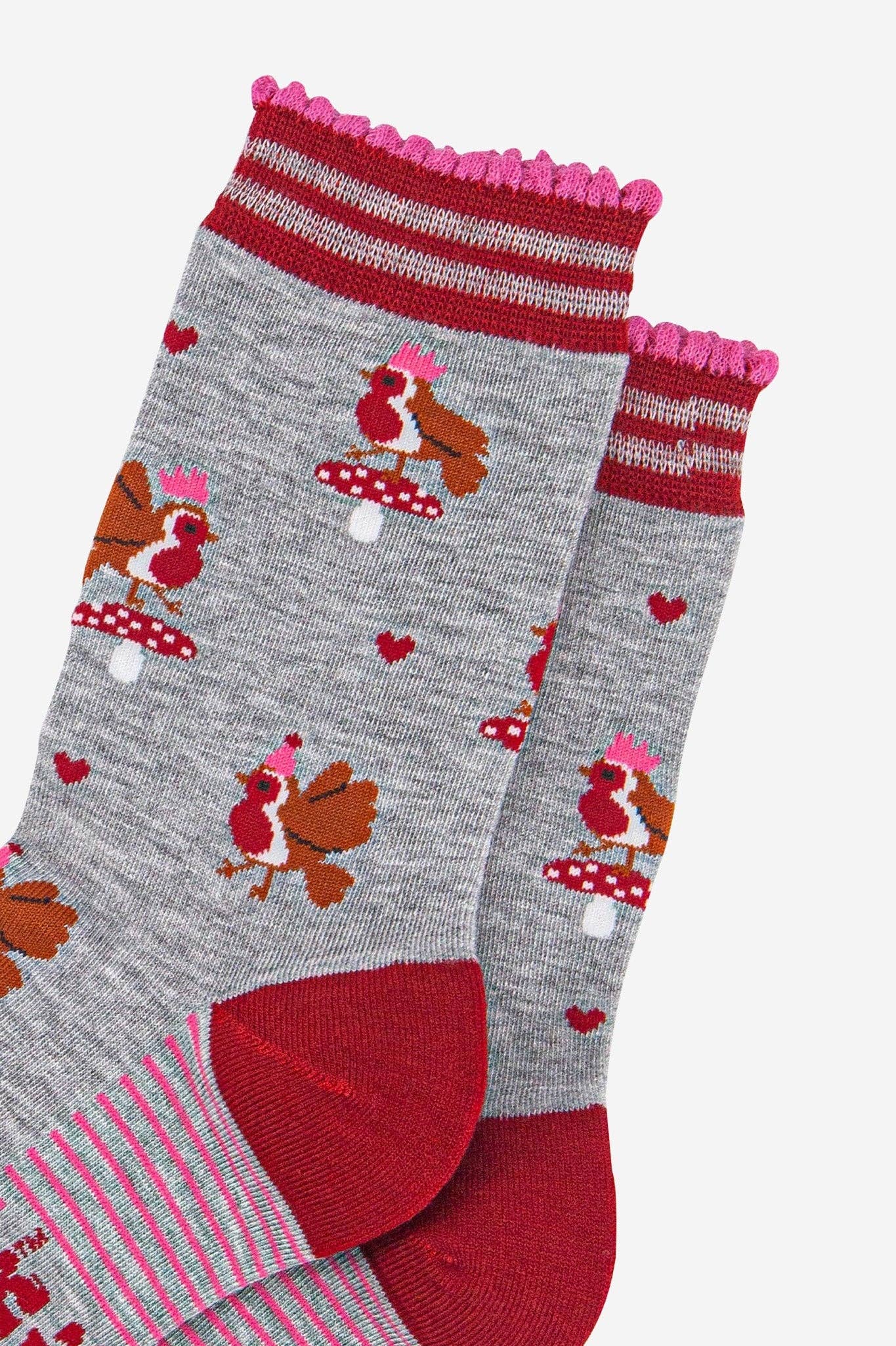 Sock Talk - Vendita all'ingrosso Calzini - Donna - Calze da donna in bambù - Grigio chiaro/Rosso, Pettirossi festaioli2