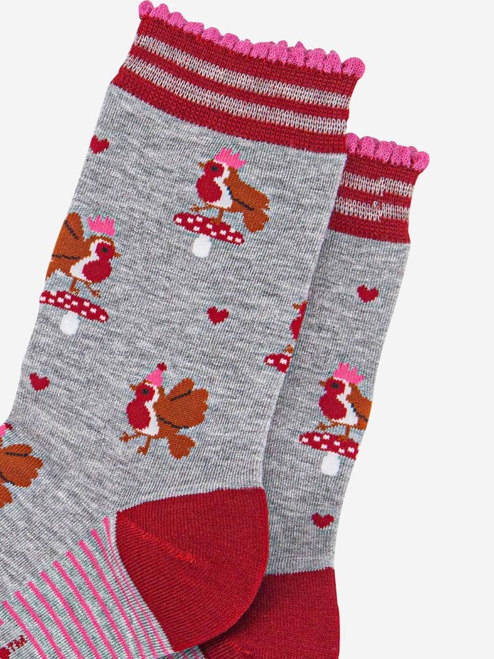 Sock Talk - Vendita all'ingrosso Calzini - Donna - Calze da donna in bambù - Grigio chiaro/Rosso, Pettirossi festaioli2