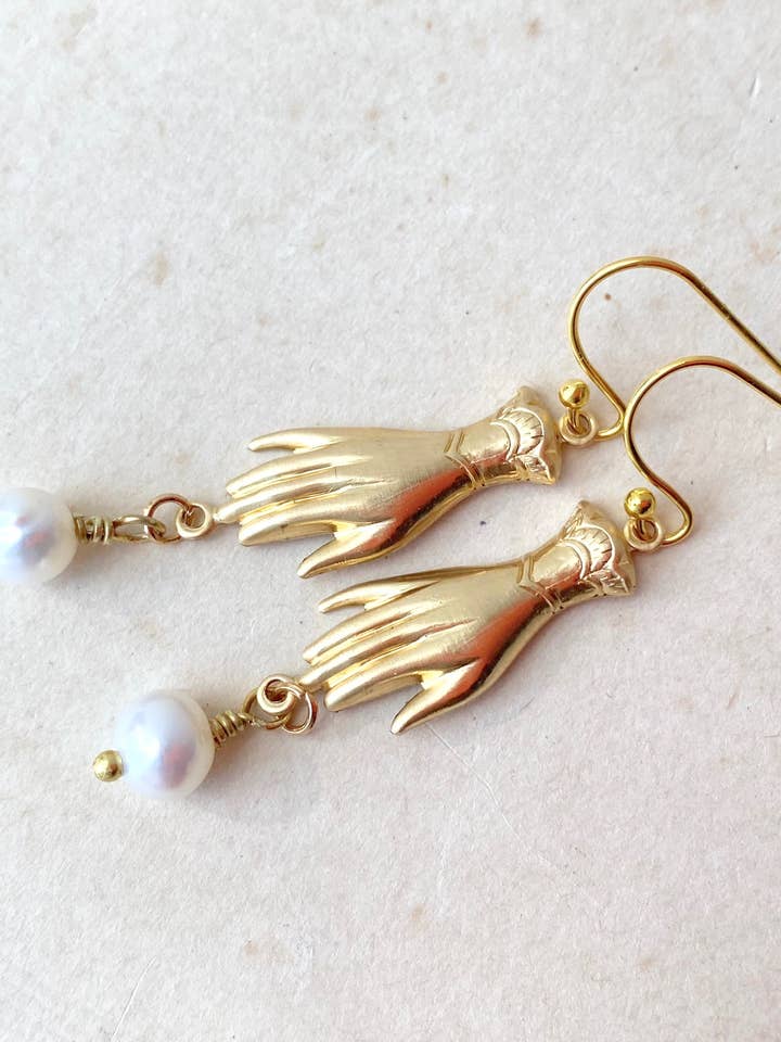 Gold Hand Pearl Earring Whimsical Boho Victorian Gentlewoman for wholesale by Red Truck Designs