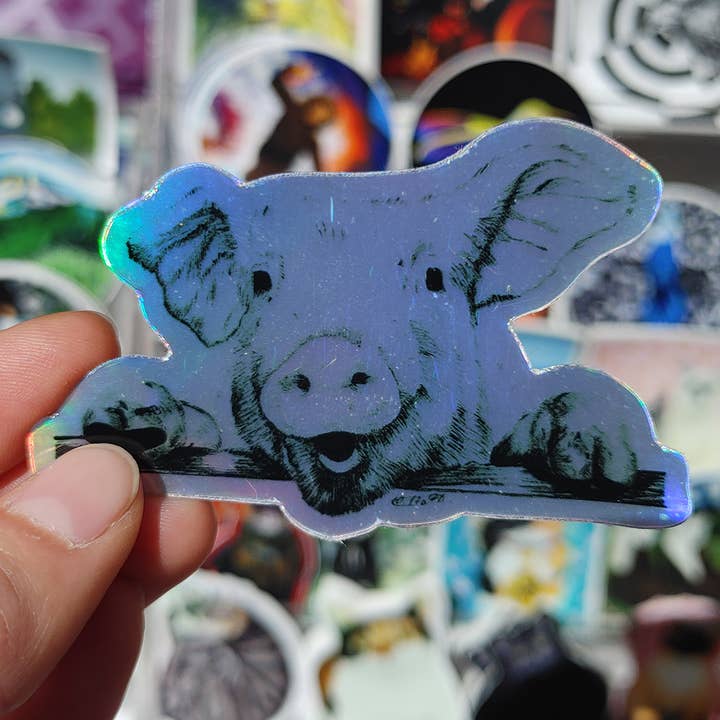 Pegatina de vinilo holográfica de cerdito lindo para venta al por mayor de MeerCatArt