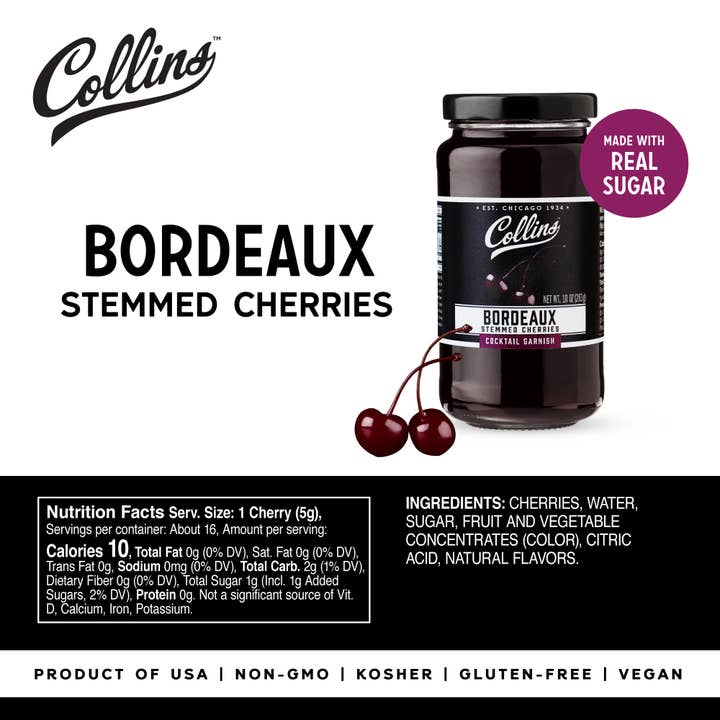 Collins - Wholesale Cocktail Mix/Syrup - Bordeaux Stemmed Dark Cherries Cocktail Garnish 10 oz3
