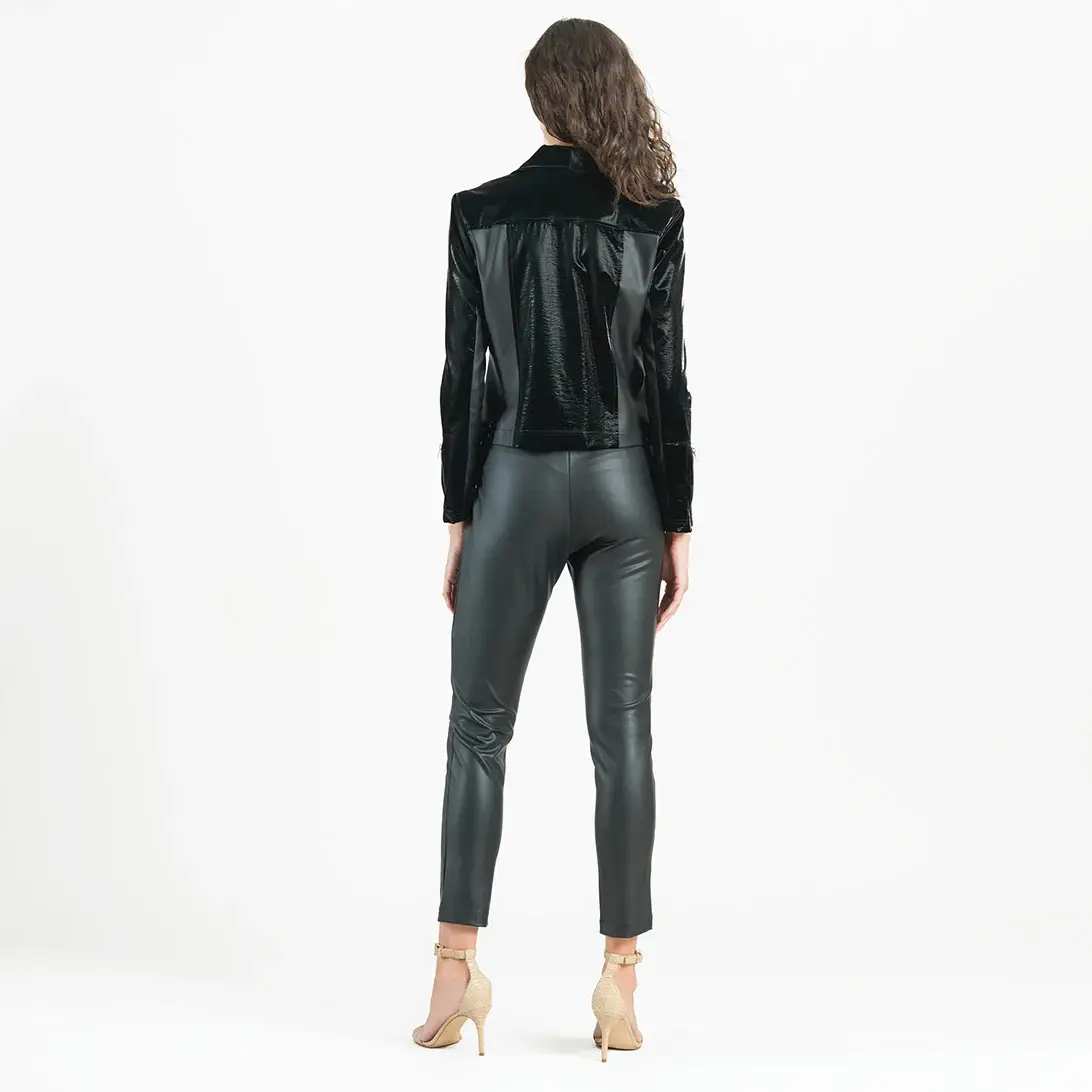 Clara Sunwoo - Wholesale Leather Jacket - Women's - JK225H -Vinyl, Liquid Leather ™ Panel Zip Cuff Pocket Jacket12