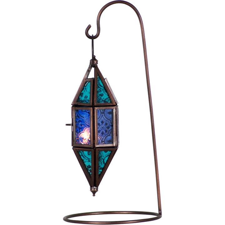 Kheops International - Wholesale Lantern - Glass & Metal Lantern Chapel Aquamarine & Blue (Each)
