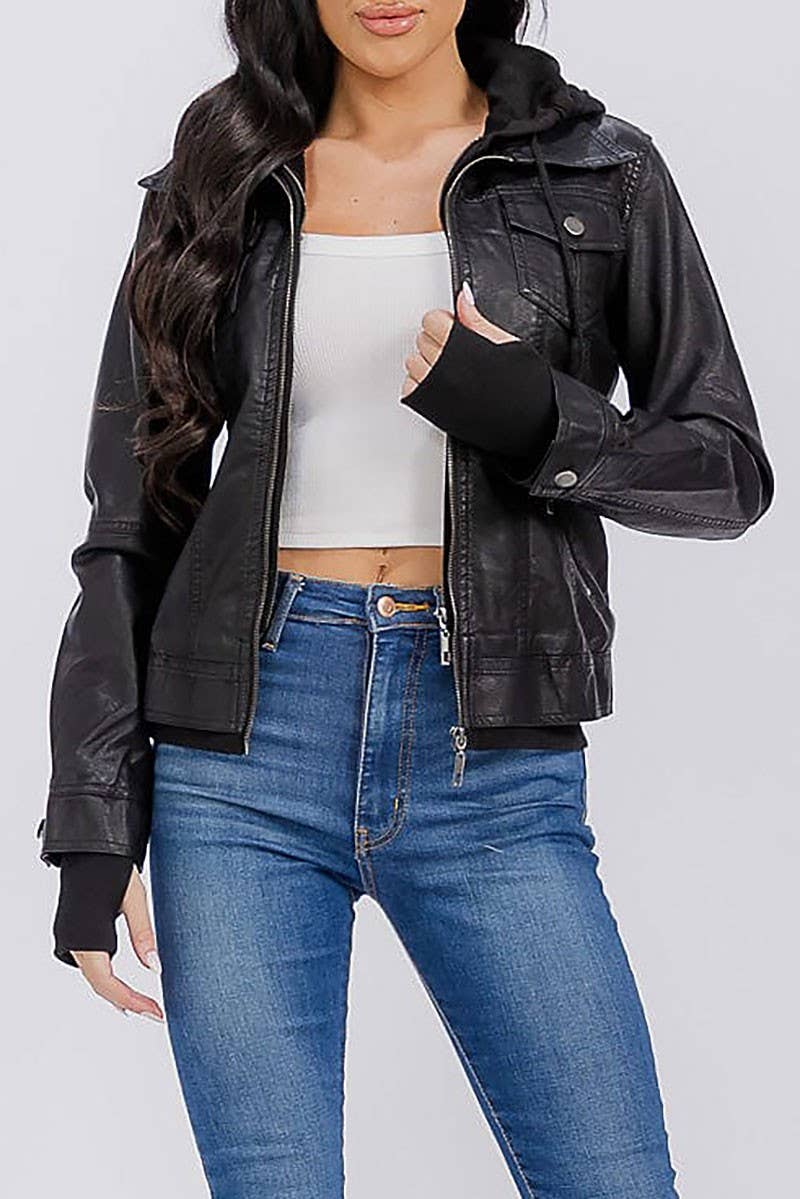 ROUSSEAU - Venta al por mayor Chaqueta de cuero - Mujer - CHAQUETA CON CREMALLERA, BOLSILLOS, CAPUCHA DESMONTABLE Y POLIPIEL PU3