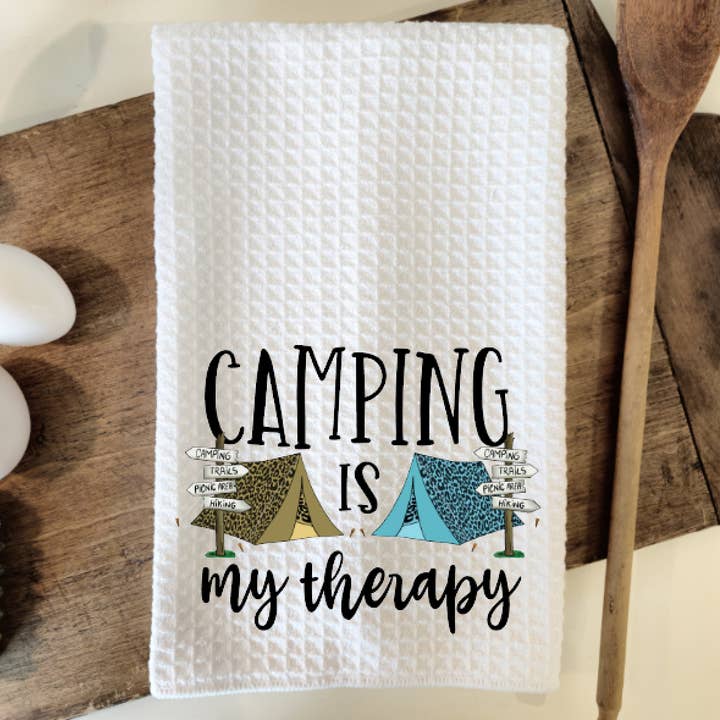 Camping ist meine Therapie Waffelgewebe Geschirrtuch Teetuch für den Großhandel von Prairie Chicken Sticker Shop & Gifts