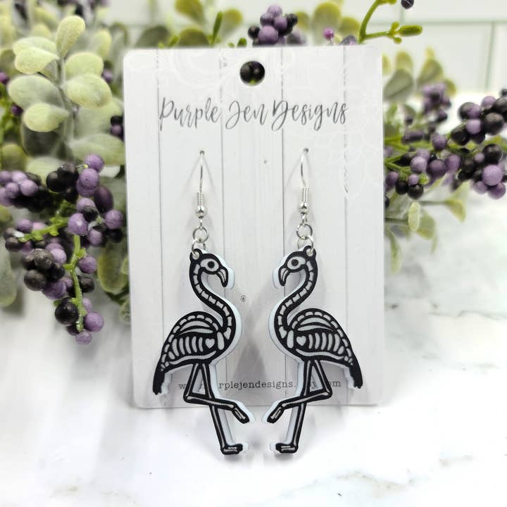 Flamingo Skeleton Earrings – Laser Engraved Acrylic for wholesale by Jennifer Hughey