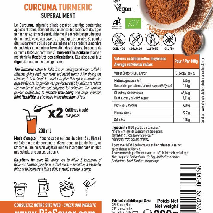 BioSavor - Vendita all'ingrosso Proteine/superfood in polvere - Polvere di curcuma biologica 200 g1