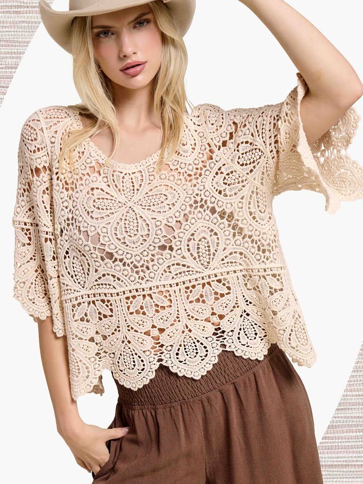 HDT7728-Blumenspitze-Layering-Top mit 3/4-Glockenärmeln für den Großhandel von La Miel