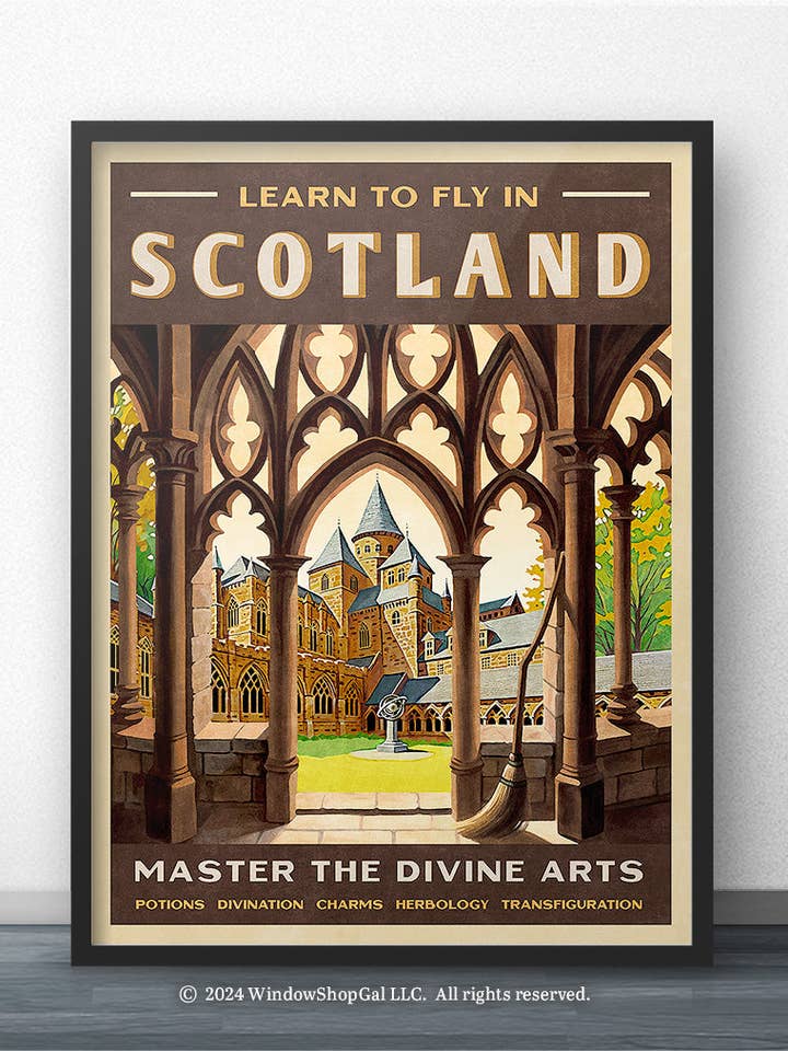 Scotland Travel Poster - School of Divine Arts - Hogwarts (for Harry Potter fans) for wholesale by WindowShopGal
