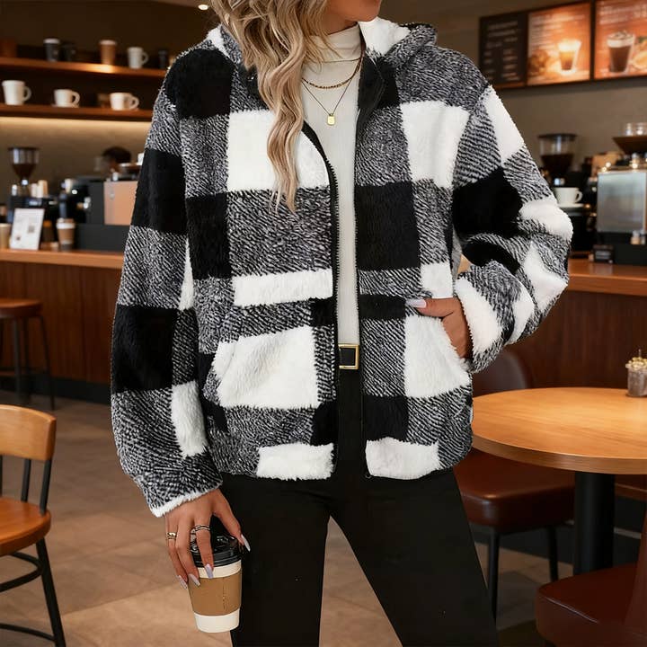 Checked double-sided plush zipper hooded Jackets for wholesale by Lily Clothing