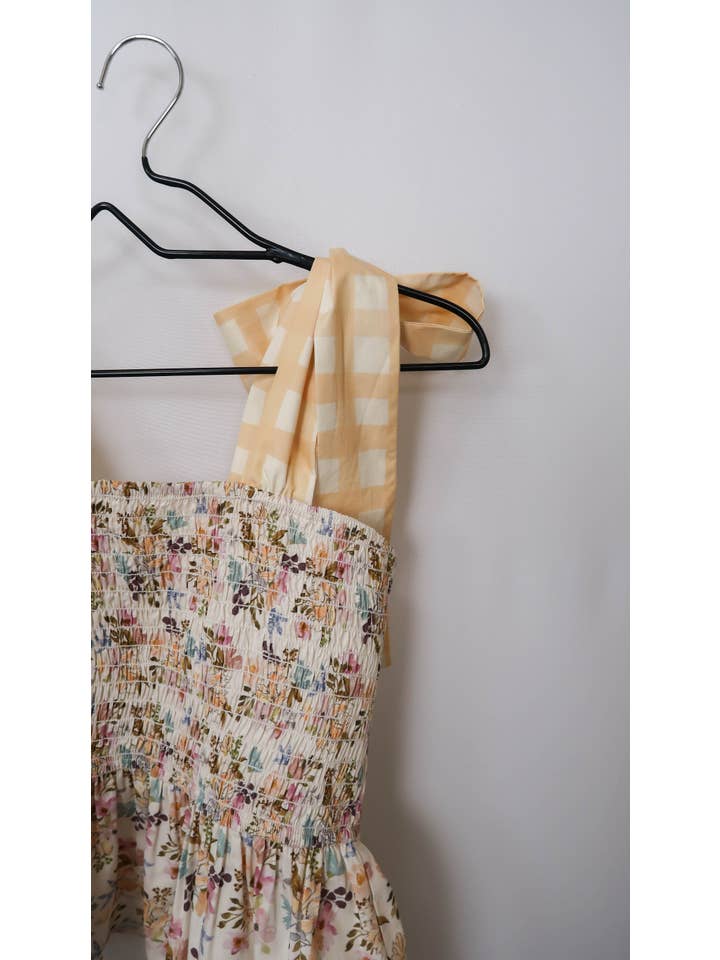 hey friends - Wholesale Blouse - Women's - Floral & Gingham Peplum Top Bow Straps - Made in the USA5