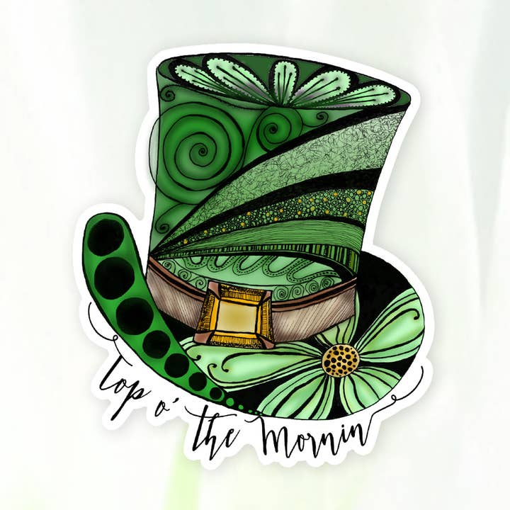 St Patricks Day Sticker, Irsk Top Hat Sticker, Grøn Mærkat for engroshandel hos Katekreates