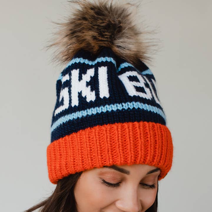 Panache Apparel Co. - Wholesale Beanie - Women's - Orange, Navy & Lt. Blue Ski Bum Pom Hat