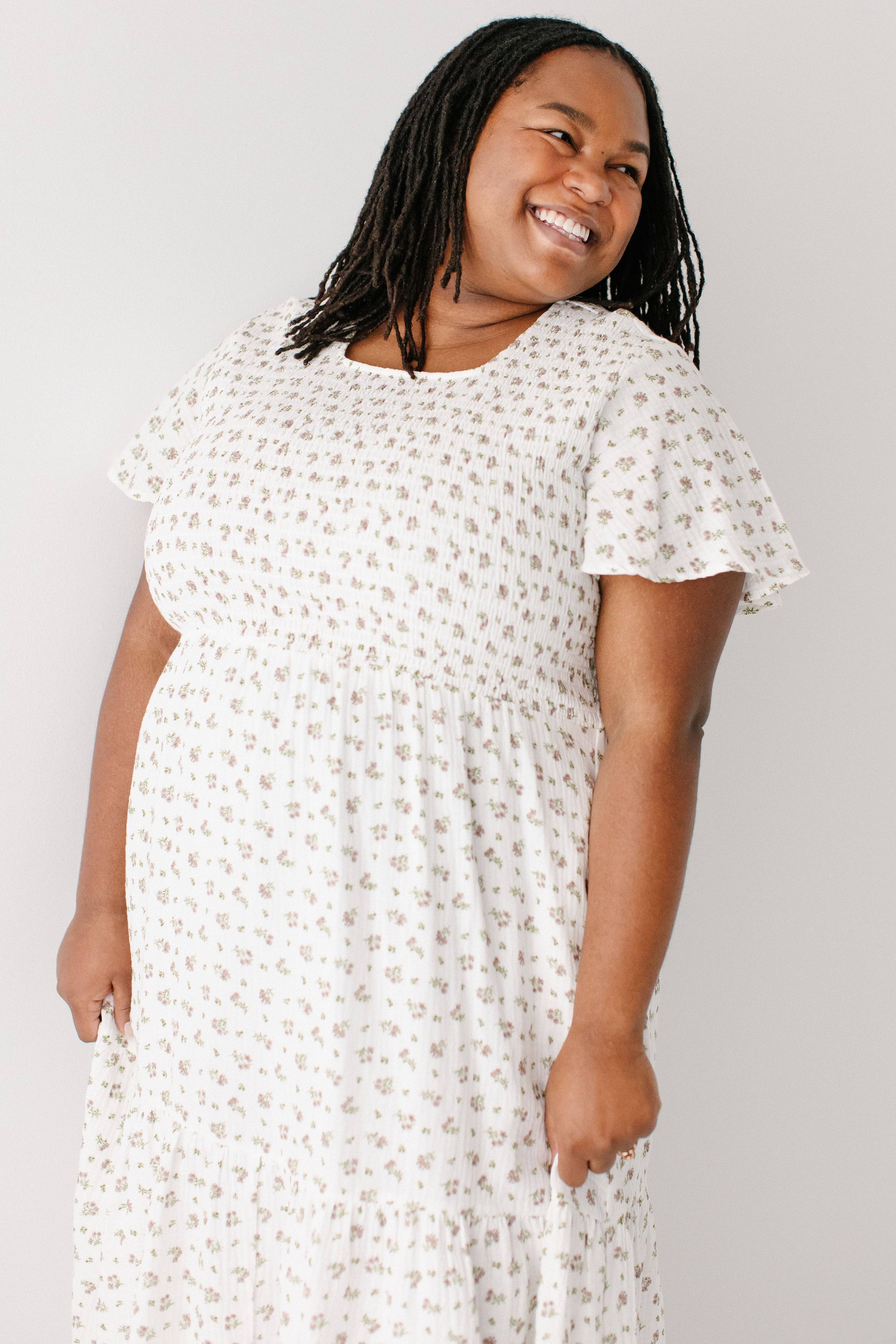 White 'Lynette' Smocked Bodice Floral Midi Dress for wholesale on Faire7