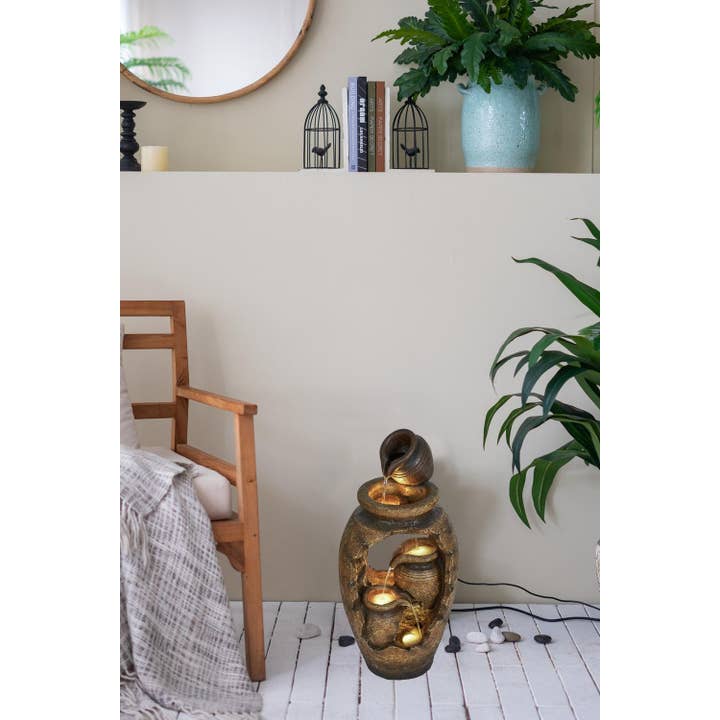 A&B Home Group Inc. - Wholesale Outdoor Ornament/Decor - 15.4x11.8x32.7" 3-Tier Water Fountain w/ Pot & LED - Brown2