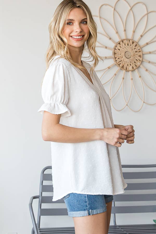 7th Ray - Vendita all'ingrosso Camicetta - Donna - Blusa a maniche corte con volant e scollo a V con pois svizzeri T46835