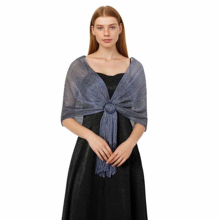 Navy Shimmer Knit Shawl Wrap with Ring Detail and Fringe Hem 17.5x63in for wholesale on Faire1