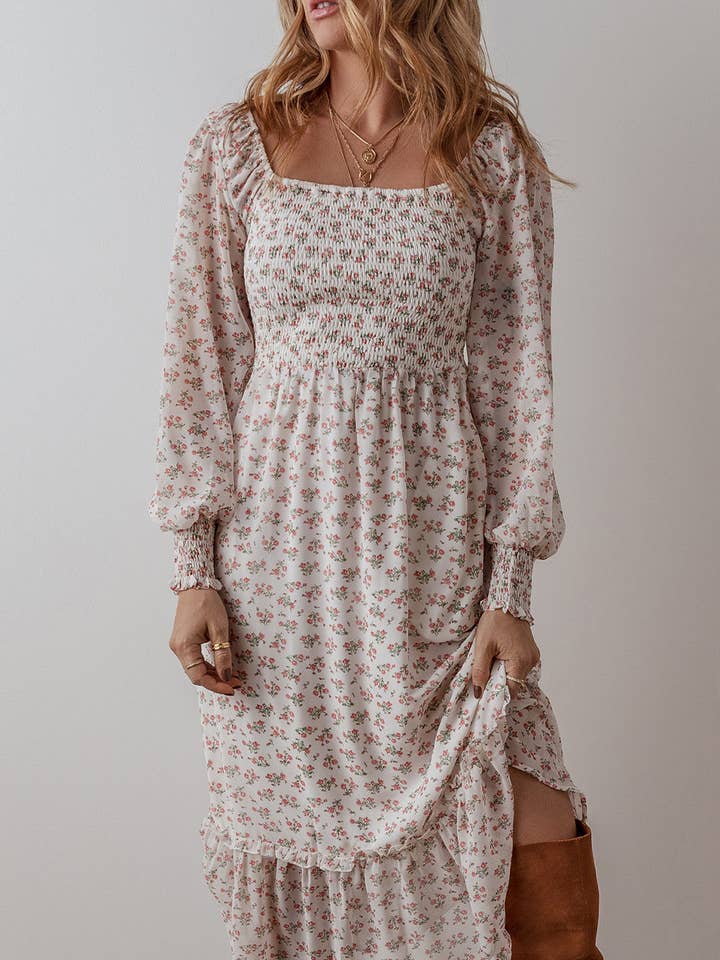 Hvid blomsterprint midikjole med flæser med firkantet hals for engroshandel hos Lovesoft