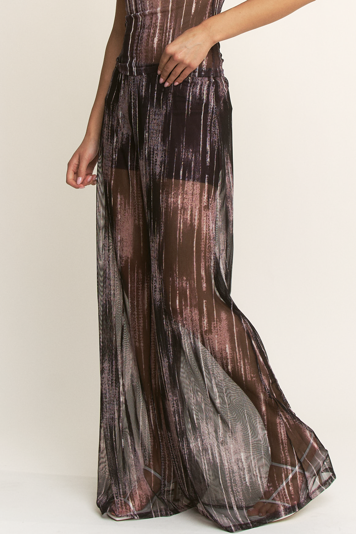 YNEZ - Wholesale Pants - Women's - Vibrant Stripe Print Sheer Wide Leg Cocktail Going Out Pant15