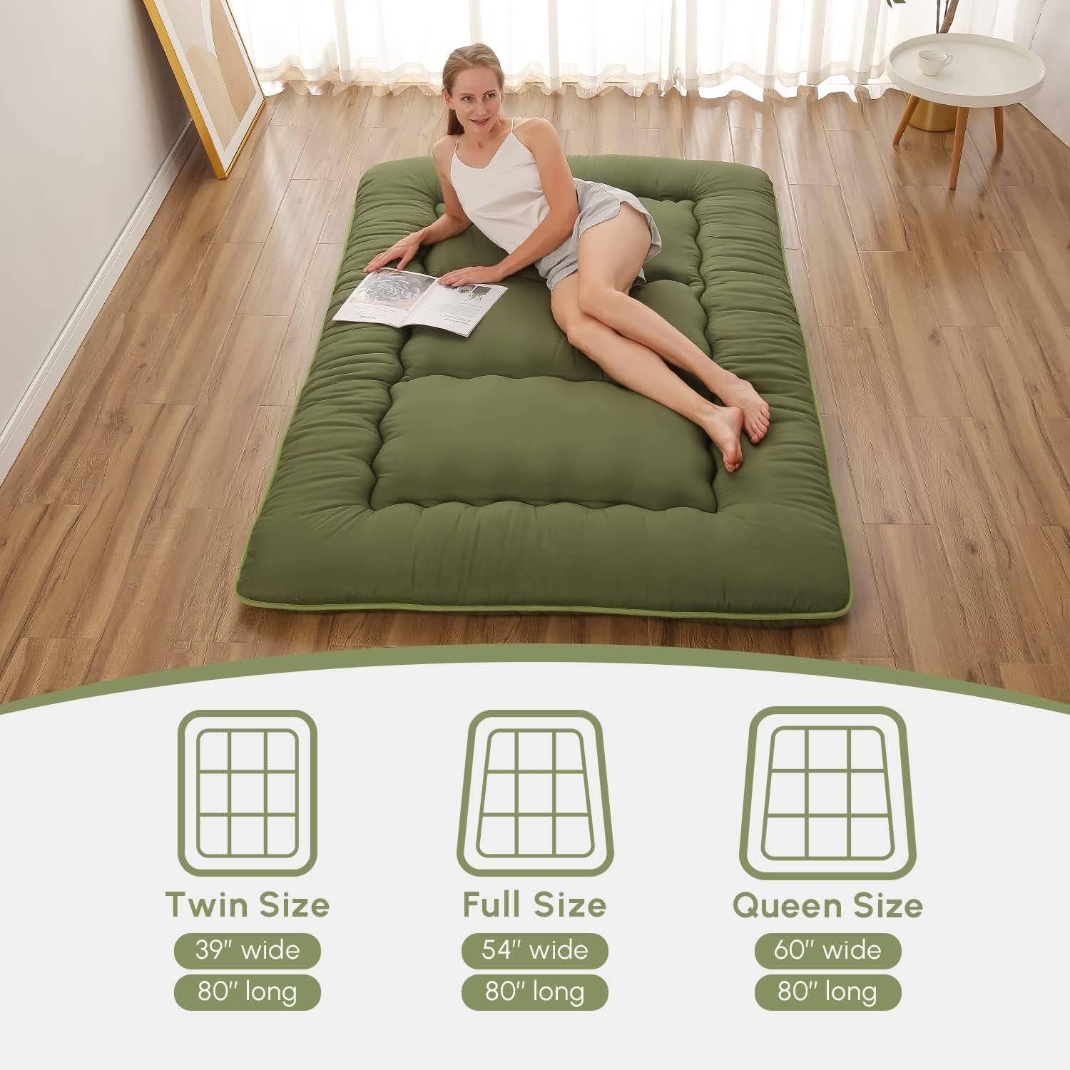 Green Twin Futon Mattress Portable, Roll-Up, Thick Tatami Style for wholesale on Faire2