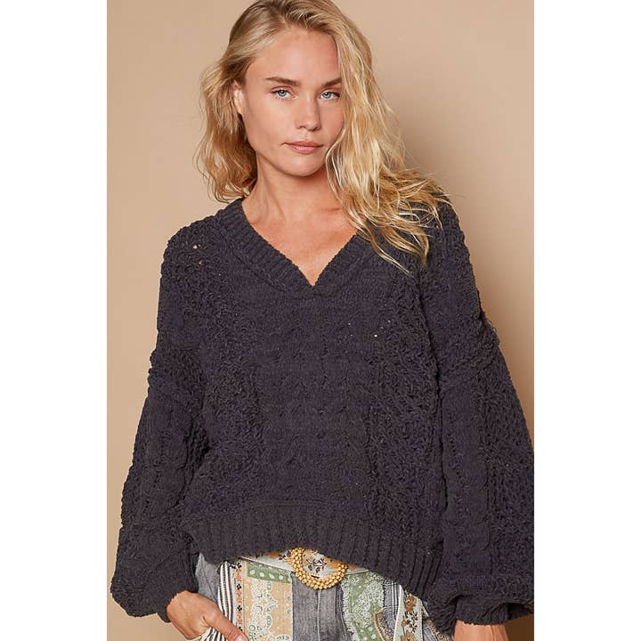 Apolline - Wholesale Knit Sweater - Women's - Overlay V Neck Balloon Sleeve Semi-Cropped Top in Chenille S